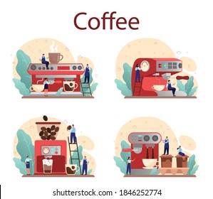 Kaffeekonzept. Barista macht eine Tasse heißen Kaffee. Energetisches leckeres Getränk zum Frühstück mit Milch. Cuppuccino-Tasse in der Kaffeemaschine. Vektorgrafik im Cartographie-Stil