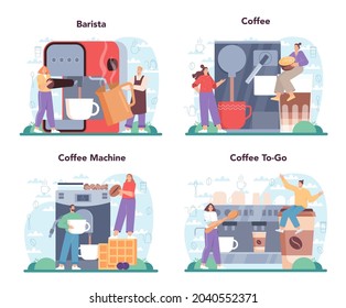 Coffee concept set. Barista making a cup of hot coffee in coffee machine. Energetic tasty beverage for breakfast with milk. Cuppuccino to go cup. Vector illustration in cartoon style