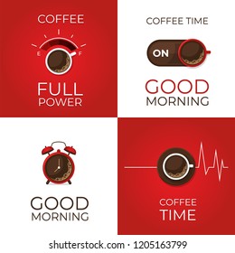 Coffee concept set. Coffee and on off switch, heartbeat, coffee power, alarm clock poster. Flat style, vector illustration. 