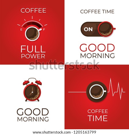 Coffee concept set. Coffee and on off switch, heartbeat, coffee power, alarm clock poster. Flat style, vector illustration. 