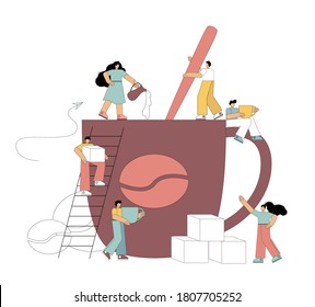 El concepto de café. Pequeñas personas llanas hacen café. Mezcla café con una cuchara, agrega leche, pone azúcar, bebe café. Ilustración vectorial.