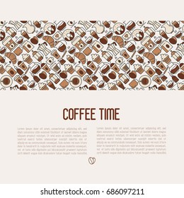 Coffee concept with thin line icons of equipment for cooking, coffee beans, croissants, cakes for shop, cafe, menu or web site. Vector illustration.