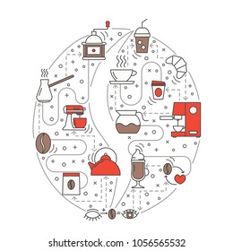 Coffee concept vector illustration. Modern thin line art flat style design element in the shape of coffee bean with coffee drink symbols for website banners and printed materials.
