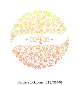 Coffee concept in vector. Set of linear icons on coffee theme with hand drawn text "Coffee". Can be used as a poster, logo and other for your design.