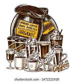 Coffee concept in vintage style. Hand drawn engraved poster, retro doodle sketch. Cups and calligraphic inscription. Vector Template Banner.