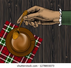 Coffee concept. Woman's hand with a coffee cup. Coffee collection. Vintage stylized drawing. Vector illustration 