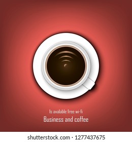 Coffee conception. Metaphor for idea. In the cup, on the coffee grounds, the internet Wi-Fi access icon is formed. Design idea poster or banner. Vector illustration