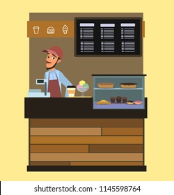 Coffee and confectionery business. Man standing in front of the counter. Takeaway cafe business interior.Vector illustration in cartoon style.