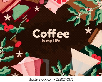 Coffee contemporary abstract background. Roast beans and green branches, pot, mug and coffee maker. Cafe or restaurant, bakery swanky vector banner