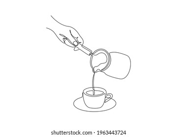 Coffee continuous line art. One line drawing of coffee for logo, print, posters. Barista theme, minimalist vector outline illustration