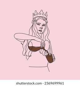 Coffee Continuous one line drawing. Woman qween of beans relaxing with cup of tea. Vector illustration