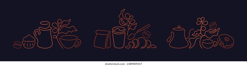 Coffee, cookie line design set. Sketch cup, vector donut, abstract croissant sign. Bakery and cafe collection