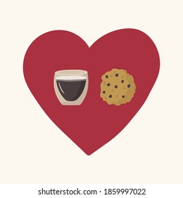 Coffee with cookies in the circle of the heart. Beautiful illustration of love for a dark aromatic drink. Chocolate chip cookies and a delicious Latte. Scarlet heart on the background of food. Drawn
