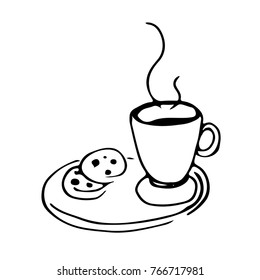 Coffee and cookies.  Hand drawn sketch vector illustration on white background in cartoon style. 