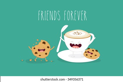Coffee and cookies illustration. Vector cartoon. Friends forever. Comic characters. Use for card, poster, banner, web design and print on t-shirt. Easy to edit.