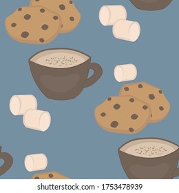 coffee with cookies and marshmallows seamless pattern