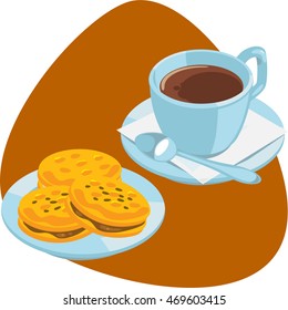 Coffee with cookies. Cookies on saucer. Coffee cup with coffee. Saucer with spoon and napkin. Isolated on brown background.