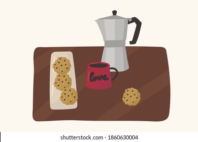 Coffee and cookies poster. Illustration for a kitchen or restaurant for textiles in cooking. Hand-drawn flat-style coffee maker, mug, and American chocolate chip cookies. Clipart symbol of hot drinks