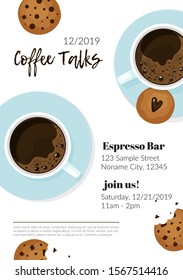 Coffee, cookies poster, menu, advertisement, flyer. Event banner template for restaurants of cafe. Minimalist design in flat cartoon style. Top view / flatlay