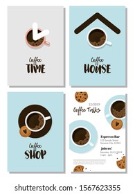 Coffee, cookies poster set. Also menu, advertisement, flyer, event banner template for restaurant of cafe. Minimalist design in flat cartoon style. Top view / flatlay