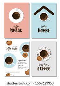 Coffee, cookies poster set. Also menu, advertisement, flyer, event banner template for restaurant of cafe. Minimalist design in flat cartoon style. Top view / flatlay
