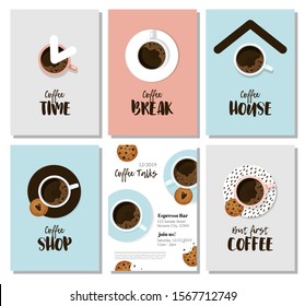 Coffee, cookies poster set. Also menu, advertisement, flyer, event banner template for restaurant of cafe. Minimalist design in flat cartoon style. Top view / flatlay
