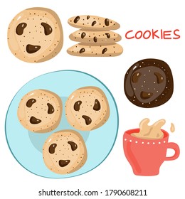 Coffee and cookies set. Cup of tea with milk and american oatmeal cookies with chocolate. Food and drink delicious illustration. Hand drawn doodle cartoon vector collection of products