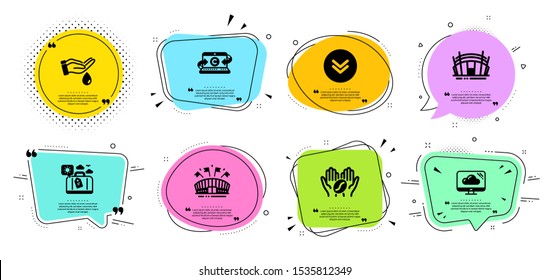Coffee, Copywriting notebook and Arena stadium line icons set. Chat bubbles with quotes. Wash hands, Travel luggage and Sports arena signs. Cloud storage, Scroll down symbols. Vector
