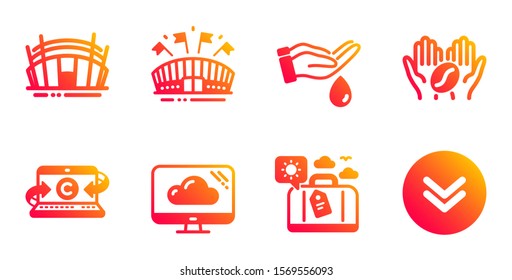 Coffee, Copywriting notebook and Arena stadium line icons set. Wash hands, Travel luggage and Sports arena signs. Cloud storage, Scroll down symbols. Roasted bean, Writer laptop. Vector