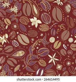 Coffee corn and flowers vector seamless pattern.