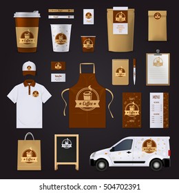 Coffee corporate identity design for cafe with uniform car menu glasses in brown and white colors isolated on black background flat vector illustration