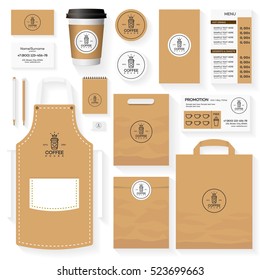 Coffee corporate identity template design set with sign coffee house logo and paper glass. Restaurant cafe set card, flier, menu, package, uniform design set. Vector Illustration