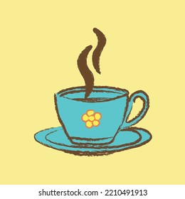 coffee in a cosy blue cup on a yellow background; vector design for fashion and poster prints, wall art, sticker, mug