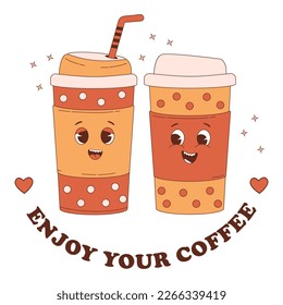 Coffee couple in love. Cute characters coffee takeaway in paper cup. Vector illustration. Cool funny retro mascot drink take away coffee and inscription Enjoy your coffee.