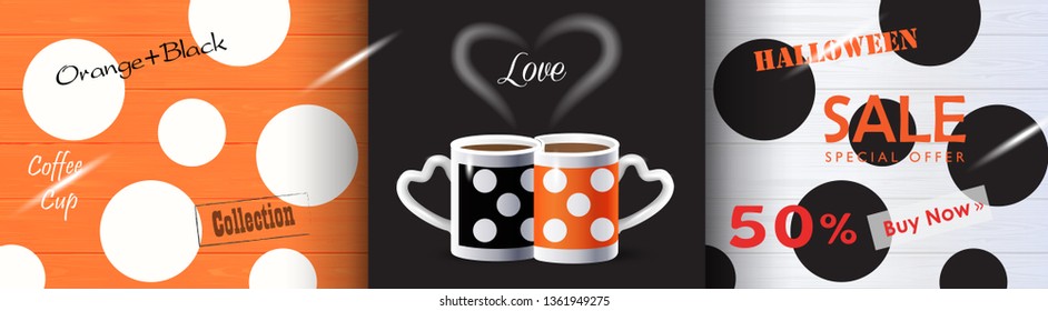 Coffee couple mugs heart shape. Black Friday Sale banner orange & black color geometric gold frames marble background trendy design love concept Cappuccino Menu Poster Espresso gift card Tea Template
