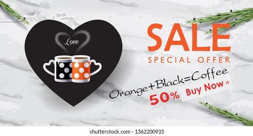 Coffee couple mugs heart shape. Black Friday Sale banner orange & black color geometric gold frames marble background trendy design love concept Cappuccino Menu Poster Espresso gift card Tea Template
