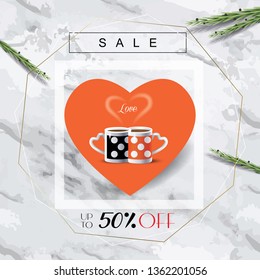 Coffee couple mugs heart shape. Black Friday Sale banner orange & black color geometric gold frames marble background trendy design love concept Cappuccino Menu Poster Espresso gift card Tea Template