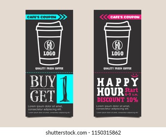 Coffee coupon card voucher template in chalkboard design. Buy 1 get free and Happy hour concept. Vector illustration