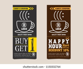 Coffee coupon card voucher template in chalkboard design. Buy 1 get free and Happy hour concept. Vector illustration