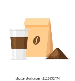 Coffee in craft paper packaging with your label. Vector template for coffee shop. Take away cup.