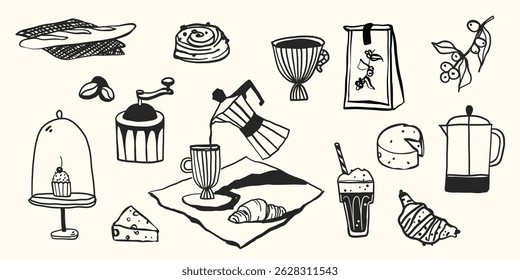 Coffee crayon breakfast food doodle hand drawn in simple line style. Vector whimsical illustration for party, menu illustration design, restaurant, cafe.