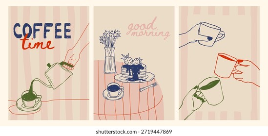 Carteles de doodle de crayón de café con bocetos de cafetería de desayuno: mano que se vierte de la tetera, panqueques y flores de buenos días, tazas en las manos. Ilustraciones de arte de línea para la decoración de la cocina o el restaurante.