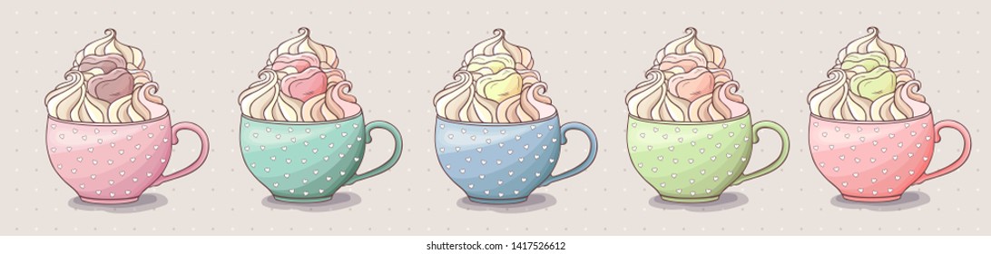 Coffee and cream, marshmallow collection. Hot chocolate mug set. Colorful cups hot drink on pastel background, sweets, delicious. Close up. Hand drawn coffee cups icons.