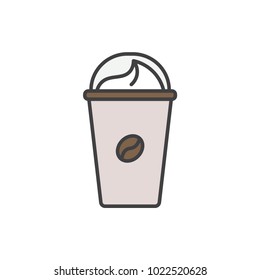 Coffee with cream in takeaway cup flat line colored icon.