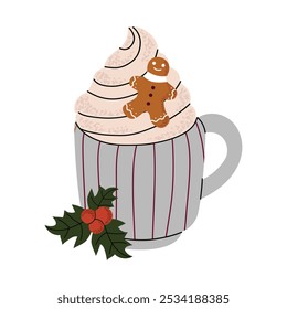 Café com creme, pão de gengibre de Natal em uma xícara. Latte, cappuccino. Ilustração vetorial em estilo plano. Fundo isolado branco.