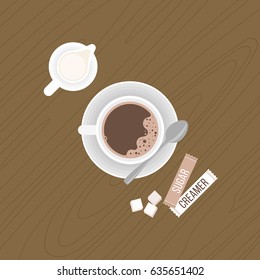 Coffee With Crema And Tea Spoon On Saucer, Milk Jug, Sugar Cubes, Package Of Sugar And  Creamer On Wooden Background, Flat Design Vector