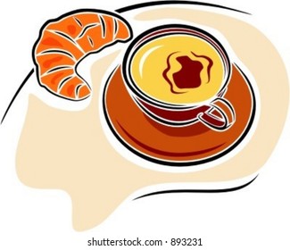 Café con croissant de media luna.Ilustración vectorial
