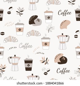 Café, croissant, granos de café, taza, patrón vectorial sin fisuras.  Fondo para el diseño de tela, papel de envoltura, menú, textil, papel pintado. Ilustración en un fondo blanco.