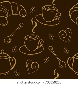 Coffee, croissant and coffee beans seamless pattern, background