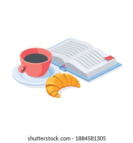 Coffee, croissant and book. Vector 3d isometric, color web or print icons, new flat style. Creative illustration, idea for infographics.
